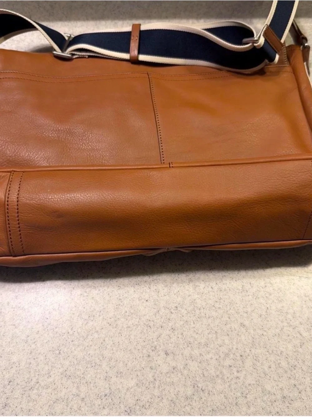 COACH Cognac Leather Messenger Bag with Navy-Striped Strap